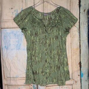 Laura Scott Womans S Green Black Gray Peasant Cap Short Sleeve Blouse Polyester